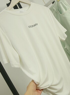女半袖上衣百搭简约字母白色T恤夏季超薄垂感冰丝棉铜氨丝般质感
