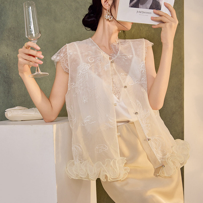 2025夏装新款轻奢新中式国风刺绣下摆花边100%桑蚕丝背心马甲马夹