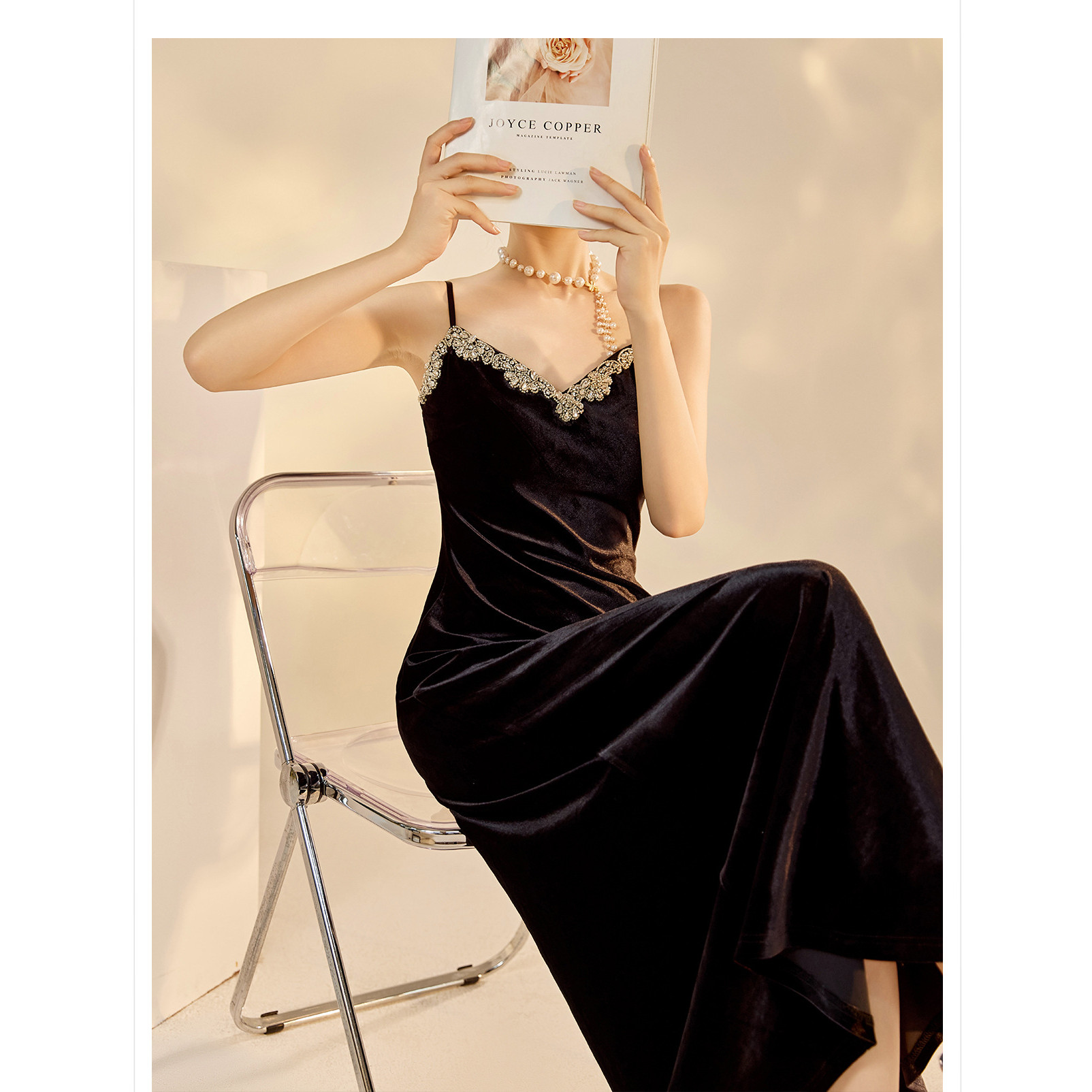 2026春装新款 轻奢新中式国风镶钻收腰丝绒吊带长裙连衣裙 打底裙