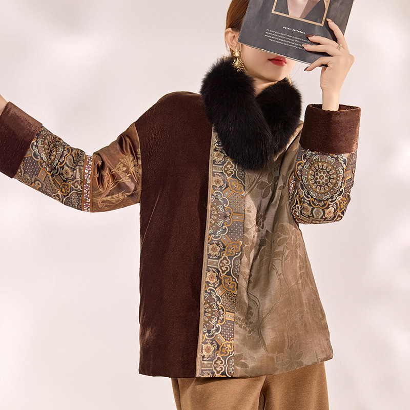 2025冬装新款 新中式复古国风印花拼接盘扣人丝棉服外套