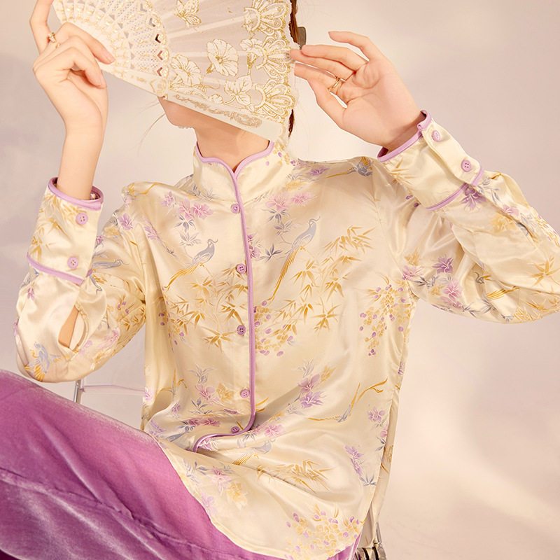 2025秋装新款 轻奢新中式立领刺绣桑蚕丝马甲印花长袖衬衫长裤