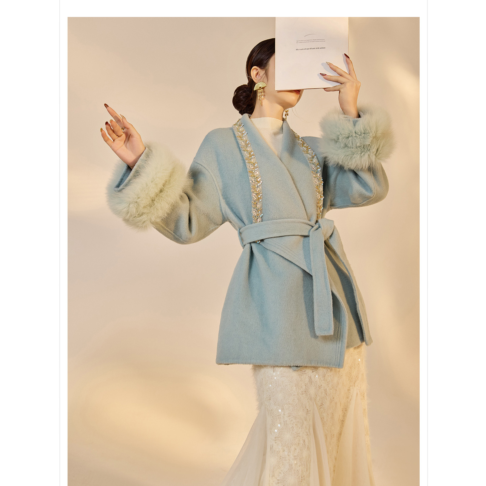2025冬装新款 新中式重工钉珠羊毛双面呢狐狸毛长袖大衣长裙套装