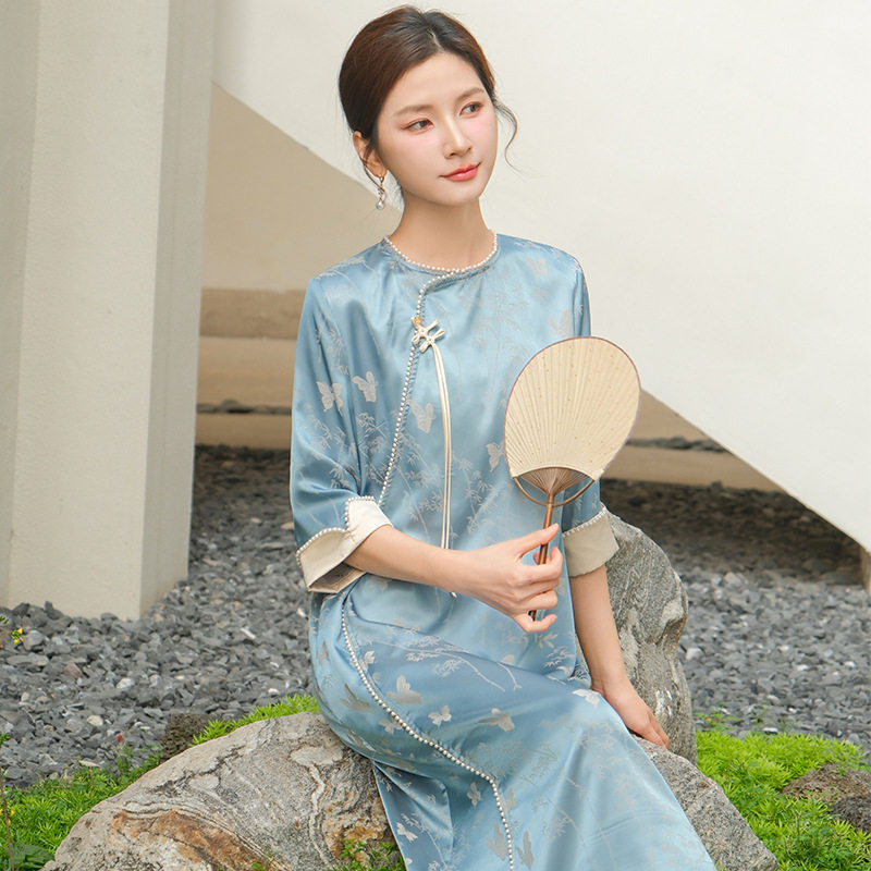 2024春夏装新款 新中式锦丝缎提花中长款宽松旗袍连衣裙 蓝色裙子