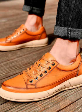 休闲皮鞋男真皮潮鞋头层牛皮软底板鞋韩版潮流系带时尚四季鞋低帮