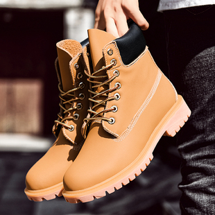 马丁靴男真皮休闲皮鞋潮流高帮鞋工装鞋户外大头鞋大黄靴加绒棉鞋
