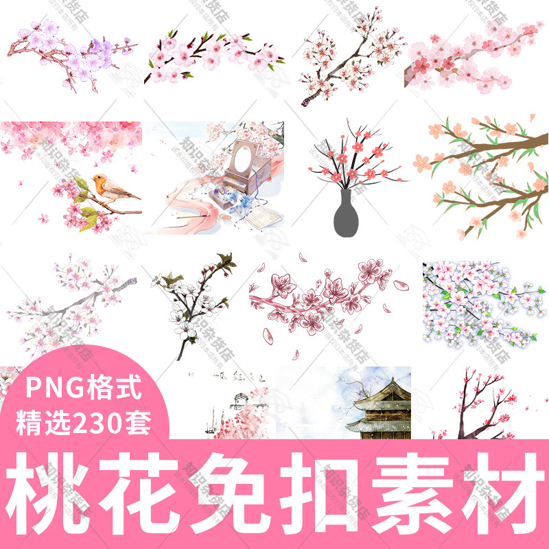 古风唯美水彩手绘粉色桃花树花朵花瓣花枝png免扣透明设计ps素材