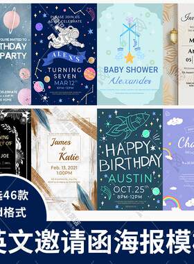 英文邀请函模板生日婚礼宴会贺卡请柬迎宾海报PSD模板设计素材