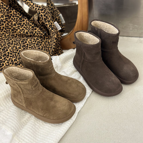 嘟小嘟厚底真皮雪地靴女2025冬季加绒两穿短靴防滑保暖面包棉鞋潮