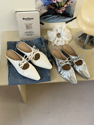 福利款真皮褶皱包头拖鞋女外穿2025春季新款复古尖头单鞋平底凉拖