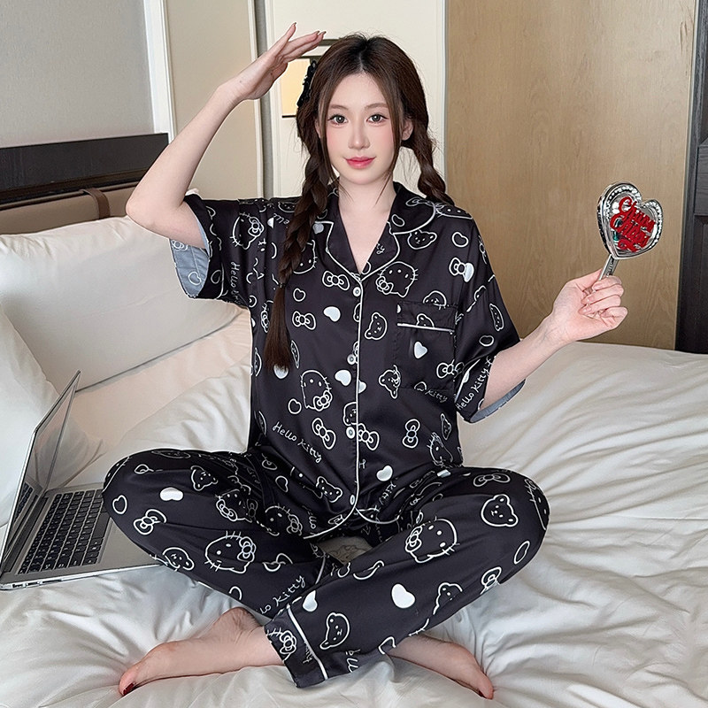 夏款翻领卡通加大码女睡衣套装