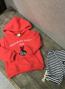 品牌童装冬季女宝宝婴幼小童纯棉加绒带帽卫衣米奇亮片套头外套