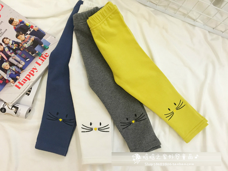 亏本清仓女童春秋纯棉弹力打底裤长裤猫咪刺绣加厚小脚裤子