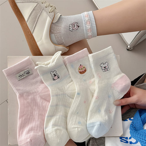 小白袜子女春夏季网眼中筒棉袜吸汗透气日系卡通小熊刺绣短袜夏天