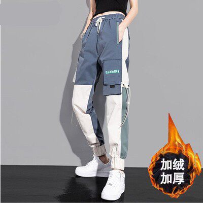 加绒炸街工装裤子女秋冬季加厚显瘦高腰宽松黑色休闲运动束脚裤潮