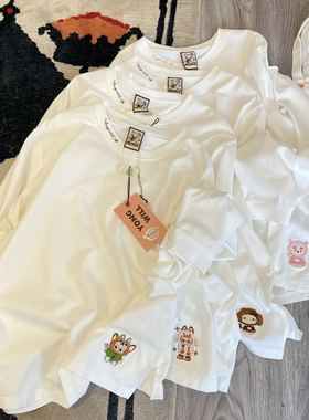 纸袋家秋季新款「长袖t恤上衣宽松白色刺绣开叉纯棉打底衫」1182