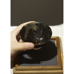 不止于美 吉州窑原矿古法黑釉大脚斗笠盏主人茶盏 玳瑁洒釉 约9.3