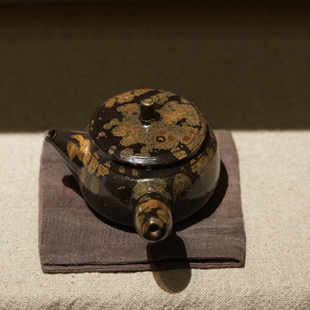 吉州窑原矿黑釉窑变洒釉侧把手工壶 孤品 约160ml茶壶