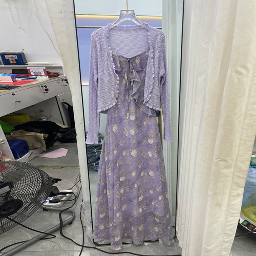 夏季紫色碎花吊带开衫连衣裙套装