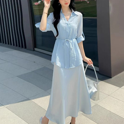 小仙女衬衫吊带裙两件套2025春夏新款显瘦收腰抽绳绸缎连衣裙套装