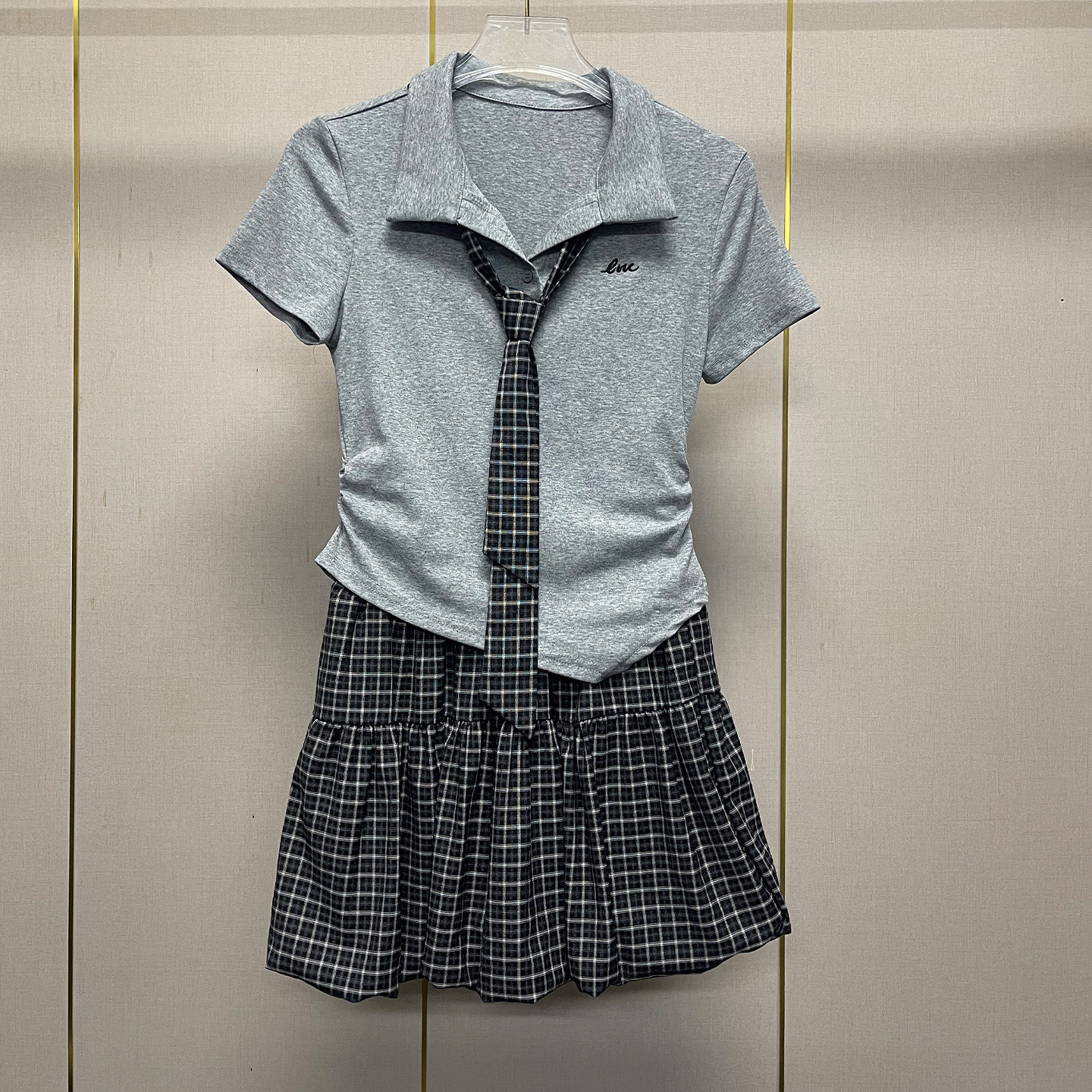 夏季学院风格子短袖蓬蓬裙两件套