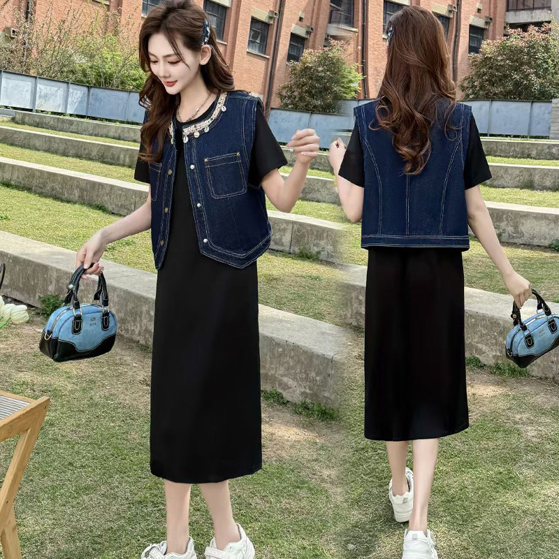 时尚小香风牛仔马甲+短袖连衣裙两件套2025夏季新款黑色裙套装女
