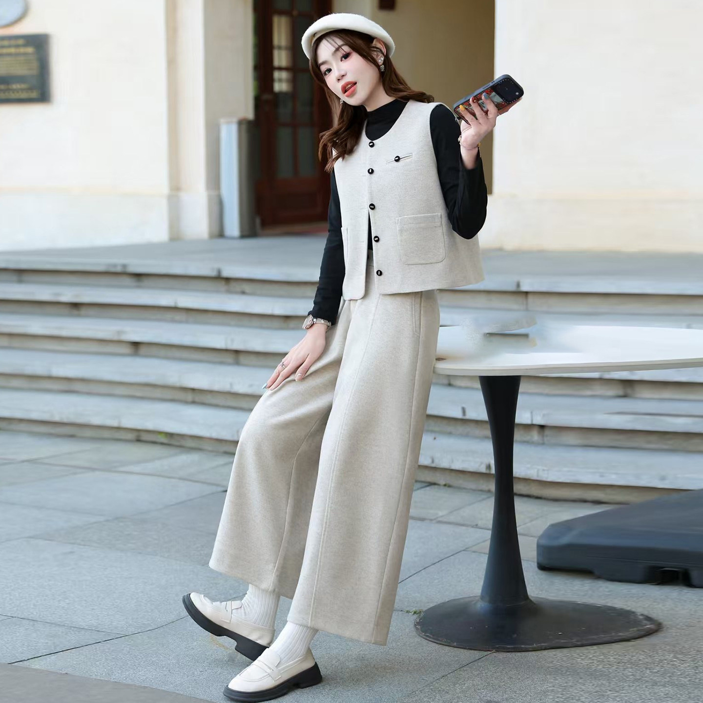 冬季马甲三件套女2025新款时尚百搭背心+针织衫+阔脚裤一整套套裤,女装/女士精品,时尚套装,淘宝优惠券,粉丝福利购,淘宝优惠卷