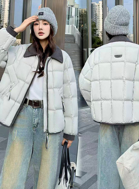 粉紫色短款羽绒服小仙女新款2025冬季新款时尚百搭白鸭绒撞色外套