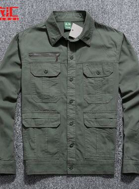 夏季薄款纯棉工装 户外军绿色外套男 翻领休闲装劳保服工作服上衣