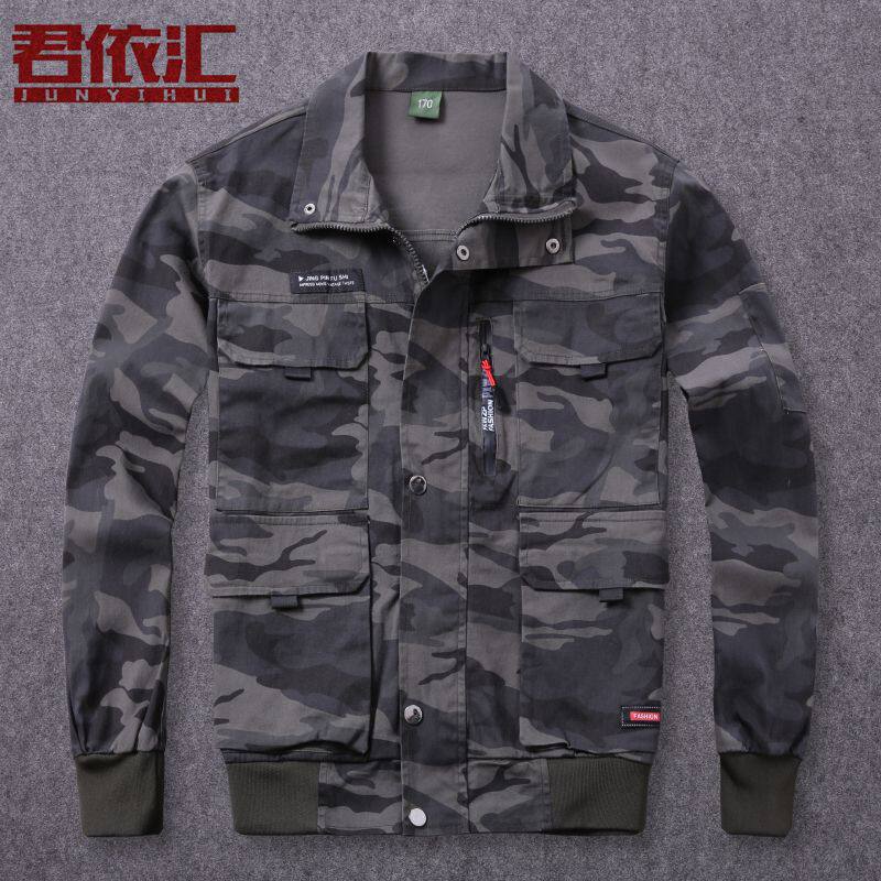 春秋纯棉弹力工作服上衣男士车间汽修电焊工装耐磨防烫迷彩服夹克