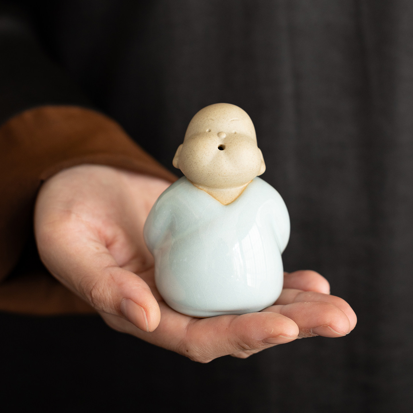 汝窑禅意小和尚茶宠摆件