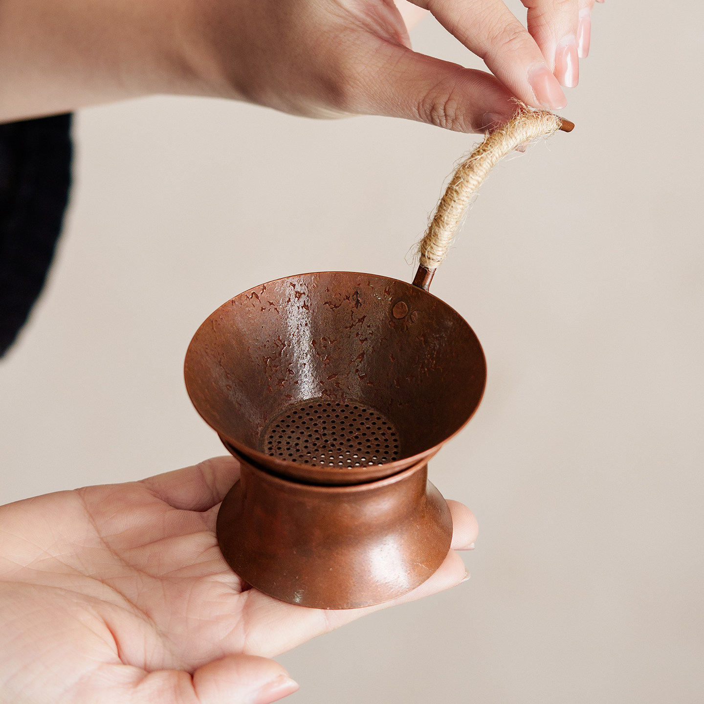 紫铜锤纹茶漏复古麻绳手柄茶滤茶叶过滤器茶漏器家用茶器茶道配件