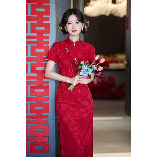 红色旗袍女订婚礼服夏季新中式改良敬酒服新娘小个子妈妈高考送考