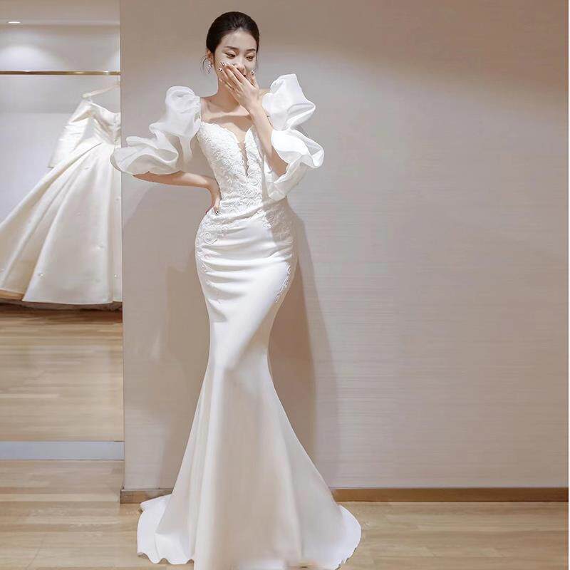 气质吊带轻婚纱高端缎面森系出门纱宴会年会鱼尾长裙女明星晚礼服
