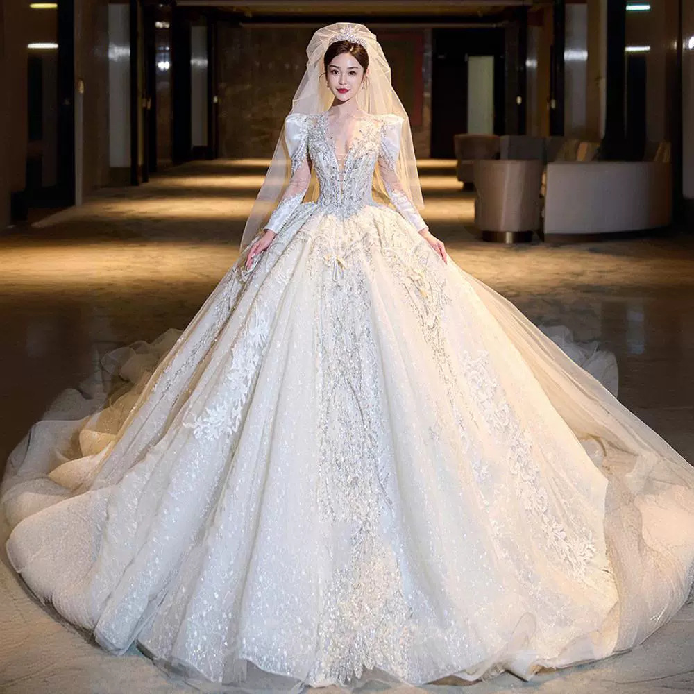 法式婚纱礼服2024新款新娘重工奢华长袖高级质感大拖尾主纱齐地女