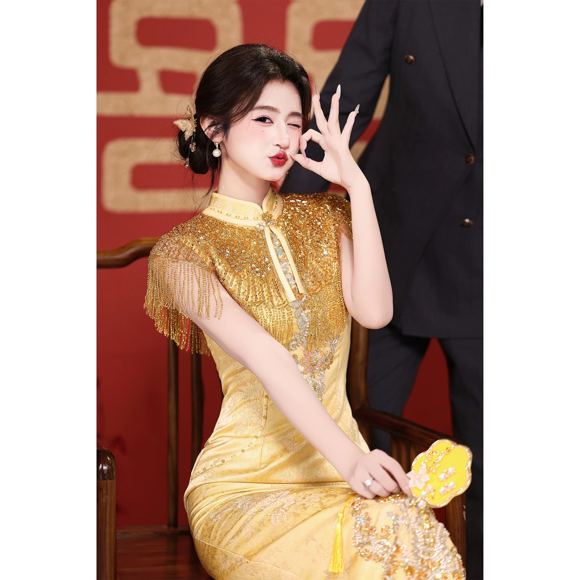 2026新款金色旗袍复古气质胸连衣裙女夏季敬酒服小众设计绝美长裙