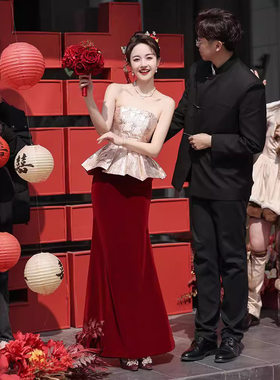 丝绒修身2025新款回门服显白酒红色低价处理女高级感男鱼尾裙古装