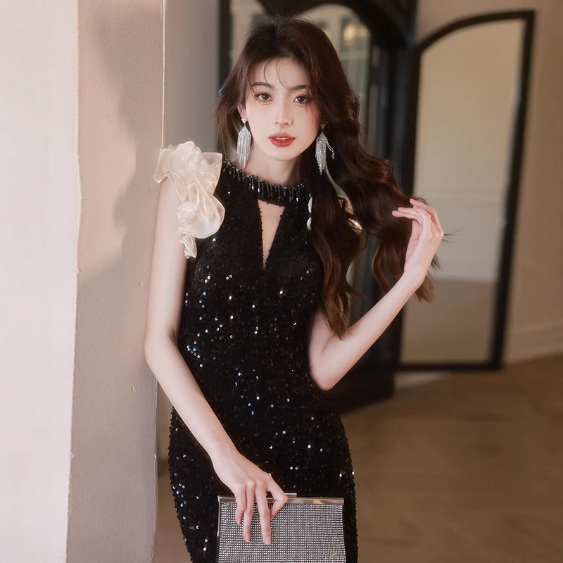 黑色晚礼服裙女宴会气质长款小众年会主持人收腰鱼尾年会晚礼服裙