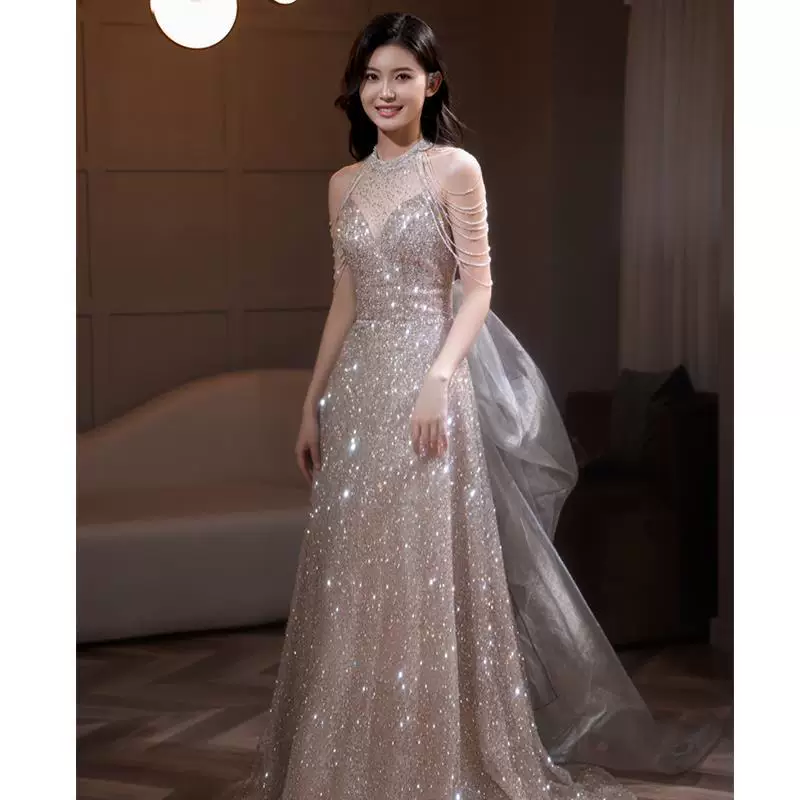 Evening dress, light luxury, niche high-end halter neck, elegant lady's art test, silver sequined toast dress, bride's high
