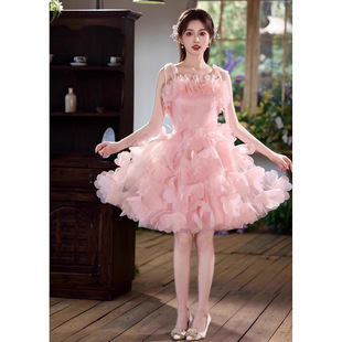 2025新款晚礼服女高级感轻奢小众成人礼生日party小礼服裙粉色花