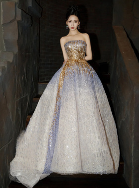 紫色晚礼服裙轻奢小众高端年会主持人亮片敬酒服高级感成人礼重工