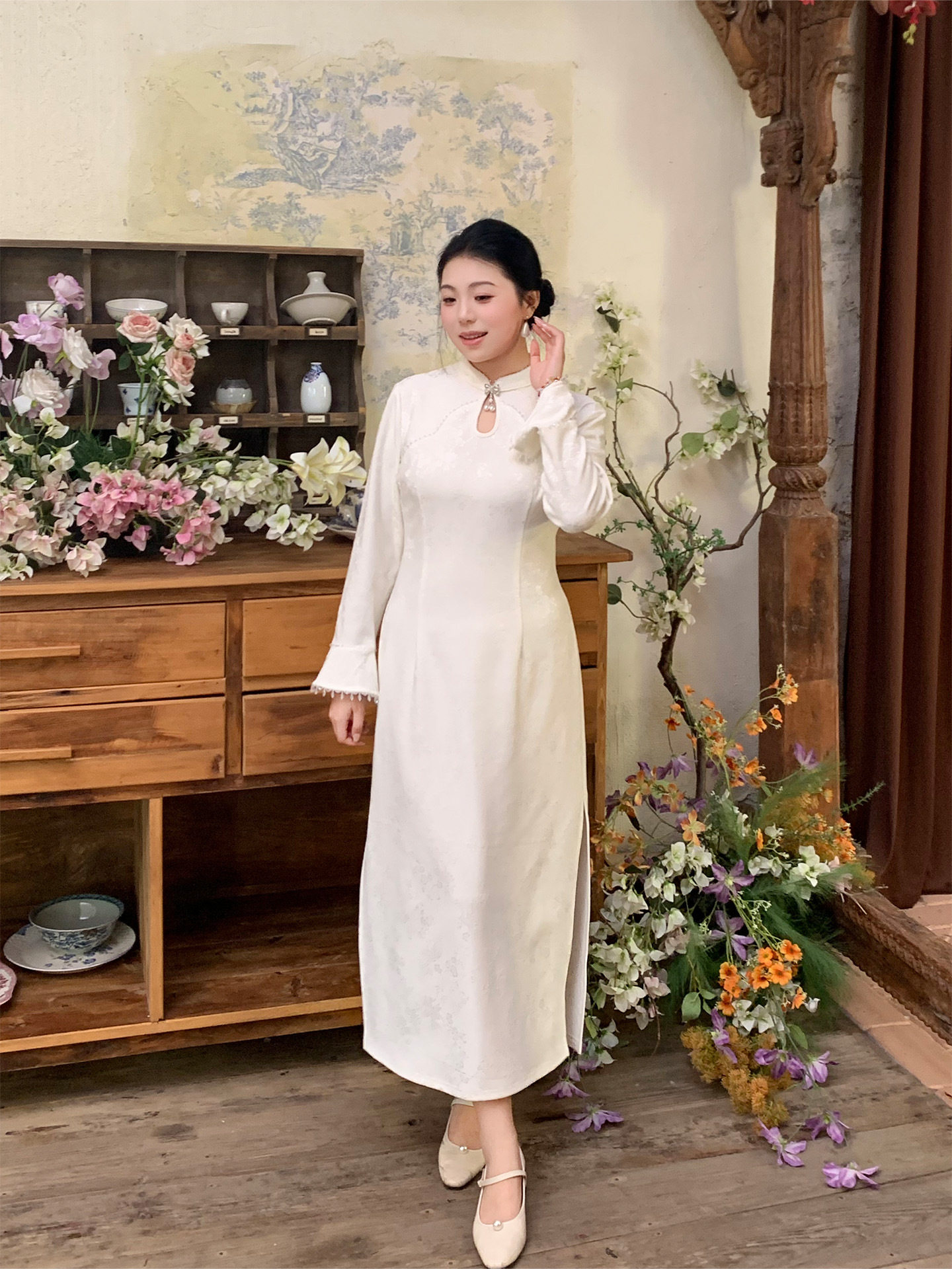 大码胖MM孕妇旗袍敬酒服新娘订婚礼服结婚领证连衣裙长袖回门便装