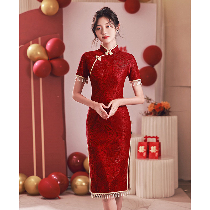 红色旗袍敬酒服新娘小个子高级感蕾丝结婚回门改良新中式订婚礼服