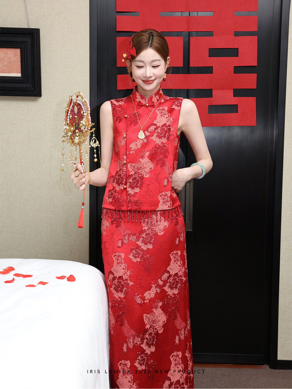 新中式国风红色提花立领马甲女26新款宽松复古唐装盘扣上衣敬酒服