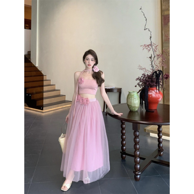 法式超仙粉色抹胸晚礼服裙轻奢小众气质名媛玫瑰网纱大摆长裙套装