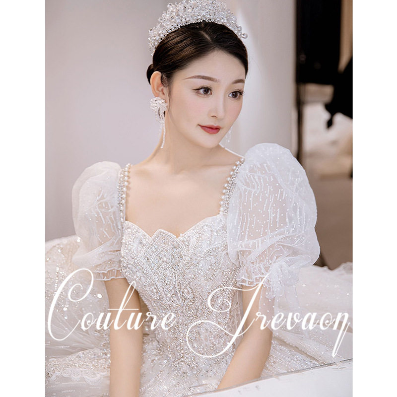 2025年新款《星晨》泡泡袖拖尾婚纱新娘主婚纱礼服女大码显瘦法式