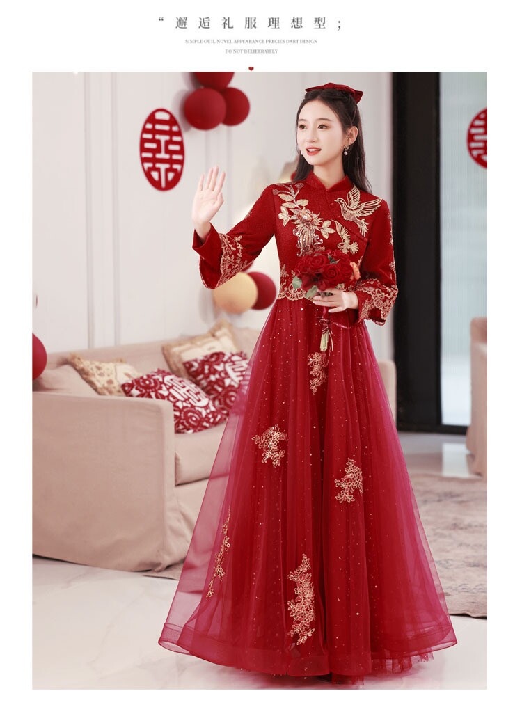 中式敬酒服新娘2025新款秀禾服订婚旗袍嫁衣酒红色结婚礼服女秋冬