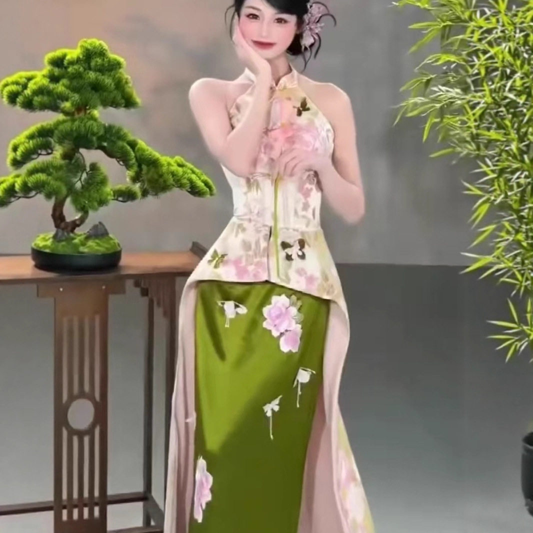 绿色套装2026新款新中式晨袍女国风新娘订婚结婚晨拍礼服裙挂脖