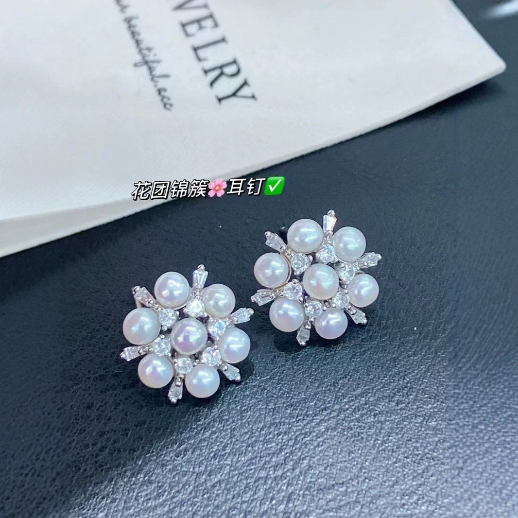 S925纯银针耳钉4-5mm天然淡水珍珠耳钉花团锦簇雪花耳饰气质百搭