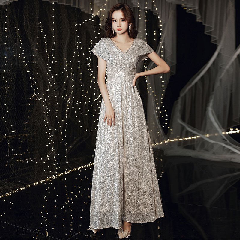 宴会晚礼服连衣裙女2025新款V领亮片轻奢高贵气质主持人年会长裙