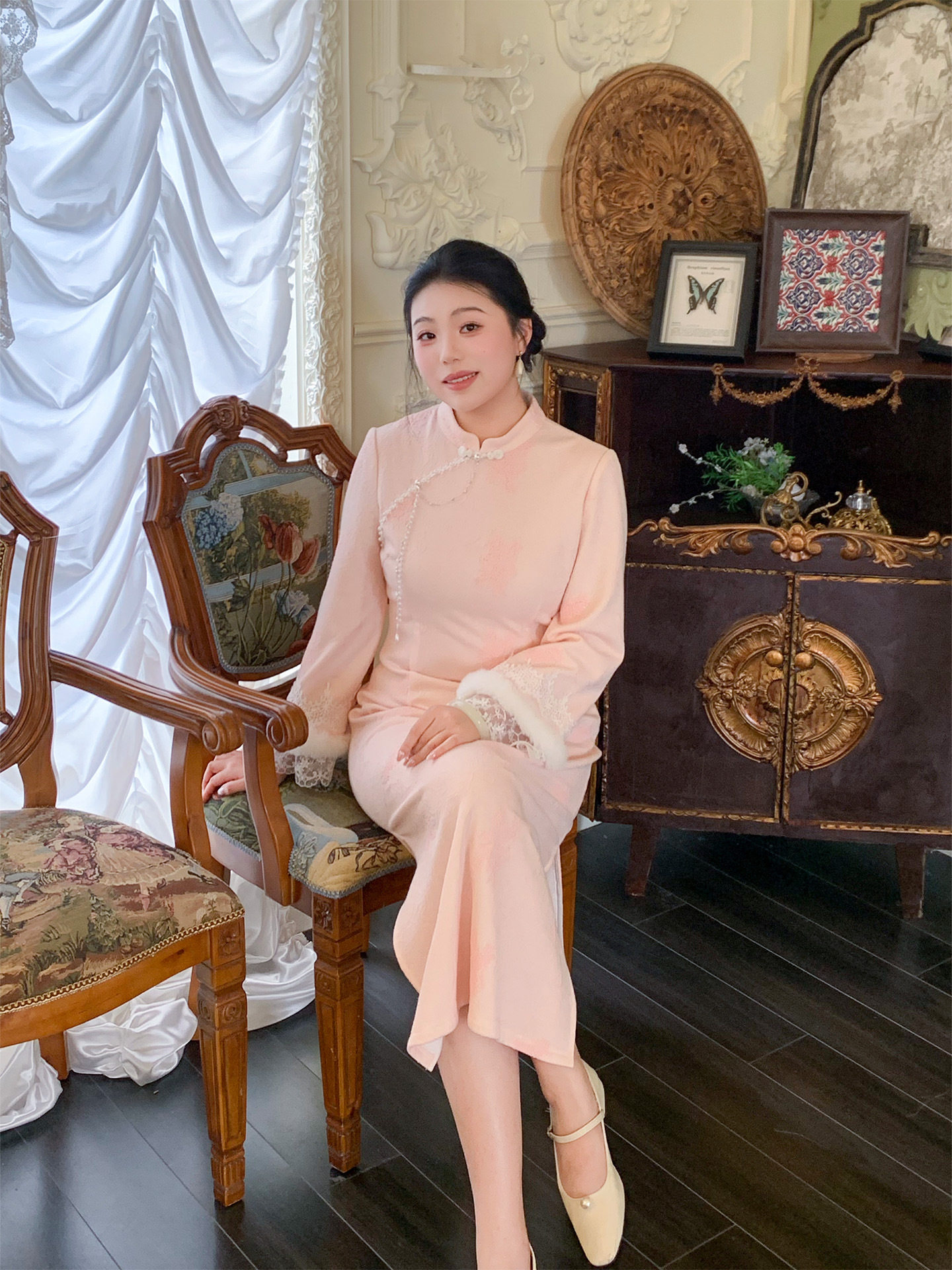 粉色新中式旗袍秋冬款大码胖MM孕妇麂皮敬酒服新娘冬季订婚礼服裙